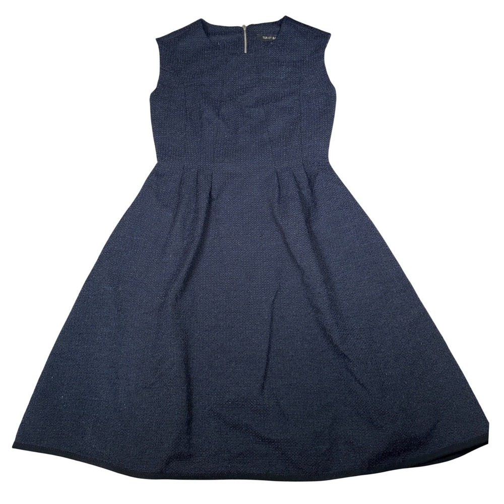 Ter et Bantine Navy Textured‎ Sleeveless Fit Flare Wool Dress sleeveless 40 Midi